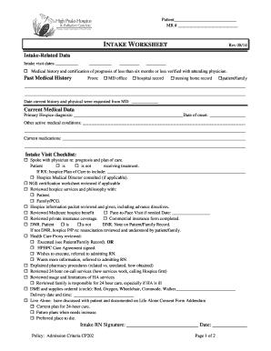 Hospice Intake Worksheet
