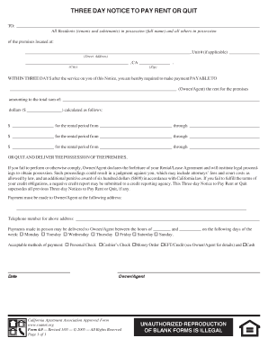 Three Day Notice to Pay Rent or Quit