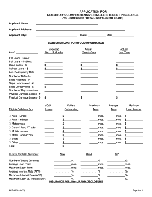 Creditor’s Comprehensive Single Interest Insurance Application