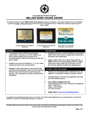 Million Work Hours Award Application