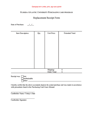 Florida Atlantic University Purchasing Card Replacement Receipt Form