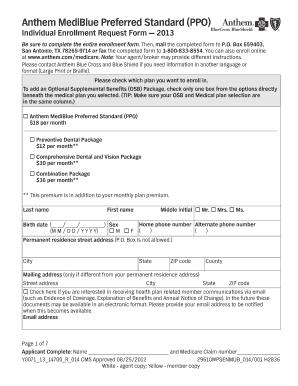Anthem MediBlue Preferred Standard PPO Enrollment Form