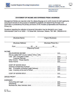 Alberta Business Income and Expense Statement
