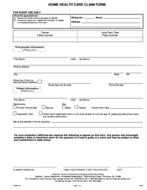 Home Health Care Claim Form