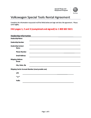 Volkswagen Special Tools Rental Agreement