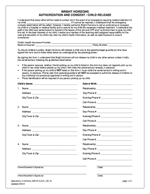 Bright Horizons Child Release Authorization Form