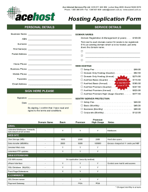 Ace Internet Services Hosting Application Form