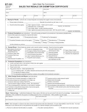 Idaho Sales Tax Resale or Exemption Certificate