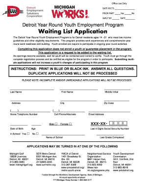 Detroit Year Round Youth Employment Program Application