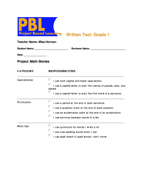 Grade 1 Math Stories Rubric