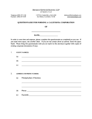 California Corporation Formation Questionnaire