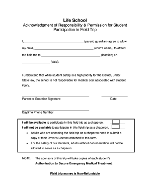 Life School Field Trip Permission and Medical Authorization Form