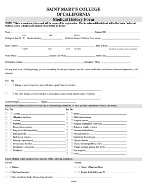 Saint Mary's College Medical History Form