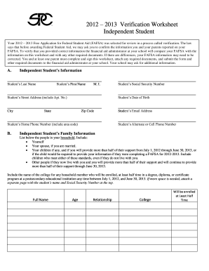 2012-2013 Independent Student Verification Worksheet