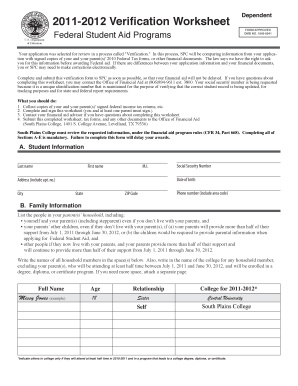 2011-2012 Verification Worksheet Dependent