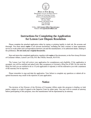 New Jersey Lemon Law Dispute Resolution Application