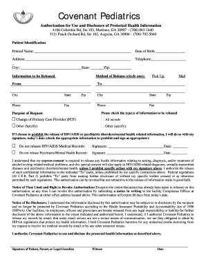 Covenant Pediatrics Authorization for Use and Disclosure of Protected Health Information