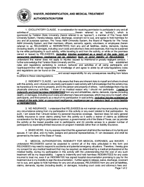 Waiver Indemnification Medical Treatment Authorization Form