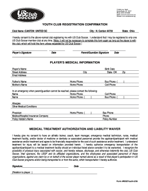 Youth Club Registration Confirmation and Medical Waiver