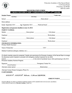 Fillable Online princetonacademy REGISTRATION FORM Cross Country Camp ...