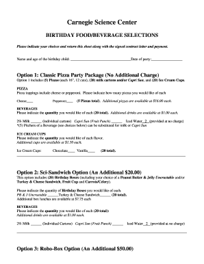 Carnegie Science Center Birthday Food Order Form