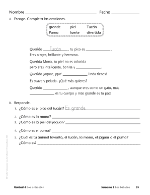 Hoja de trabajo de descripción de animales en español