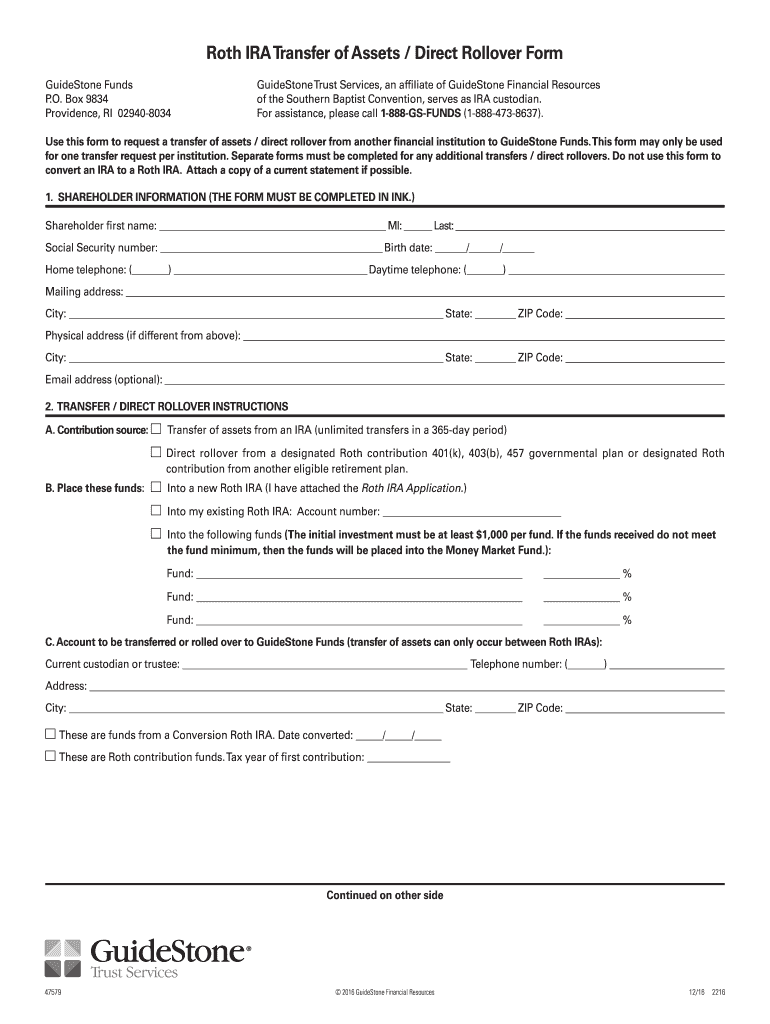 Roth IRA Transfer of Assets Form - GuideStone Preview on Page 1.