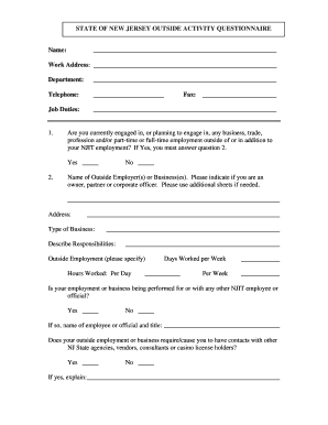 New Jersey Outside Activity Questionnaire