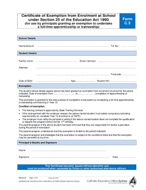 Certificate of Exemption from Enrolment at School