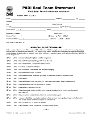 PADI Seal Team Participant Record and Liability Release