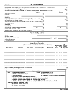IRS Form 1040 Personal Information