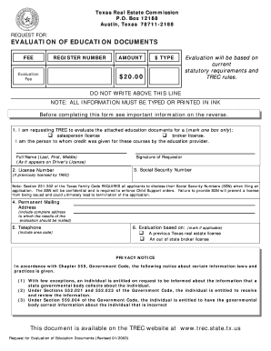 Texas Real Estate Education Evaluation Request