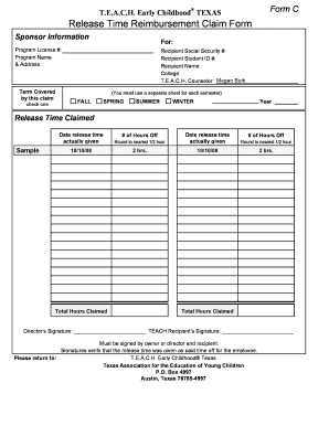 T.E.A.C.H. Early Childhood Texas Release Time Reimbursement Claim Form