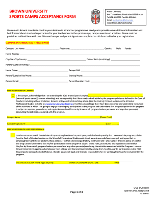 Brown University Sports Camps Acceptance Form