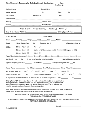 City of Edmond Commercial Building Permit Application Applicant Name Date: Site Plan #: Contact Name Mailing Address City Office Phone State Other Phone Zip Fax EMail Address Plans by Contact Name Address Phone Number Please Check If: New