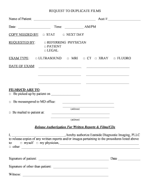 Medical Imaging Film Duplicate Request Form