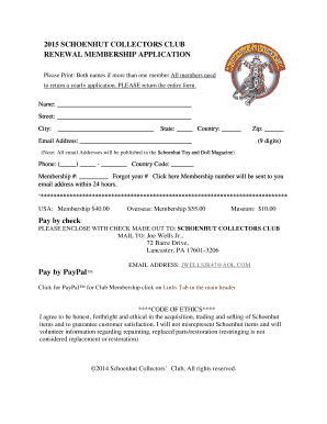 Schoenhut Collectors Club Membership Renewal Application