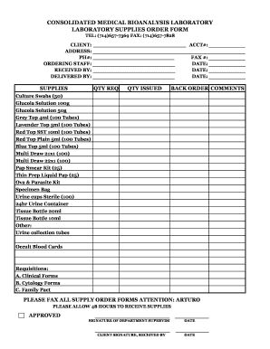Medical Laboratory Supplies Order Form