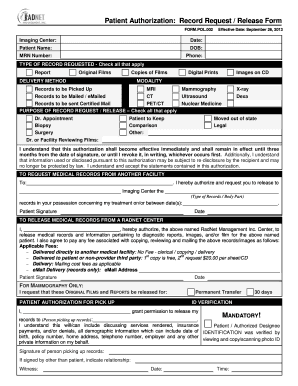 Patient Authorization Record Request Release Form