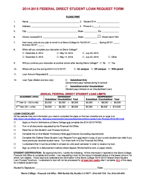 2014-2015 Federal Direct Student Loan Request Form