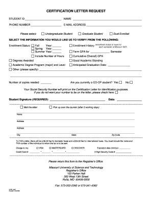 Missouri S&T Certification Letter Request