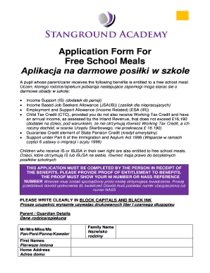 Free School Meals Application Form