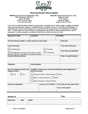 Wayne State Returning Student Record Update Form