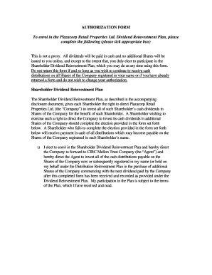 Plazacorp Dividend Reinvestment Plan Authorization Form