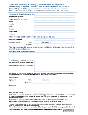 Notice Under Article 9 for Non-Material Planning Changes