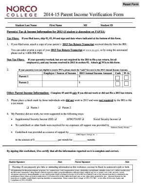 2014-15 Parent Income Verification Form