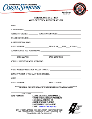 Hurricane Shutter Out of Town Registration Form