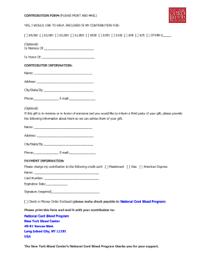 National Cord Blood Program Contribution Form