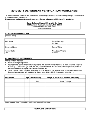 2010-2011 Dependent Verification Worksheet