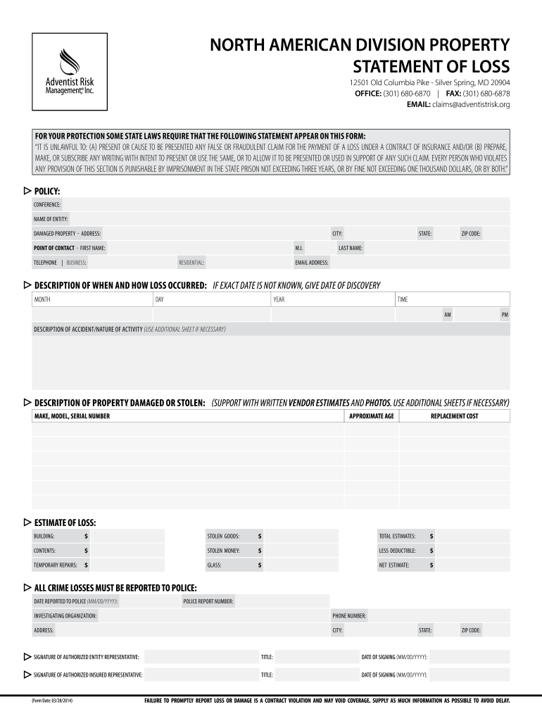 North american division property bstatement of lossb - Adventist Risk bb - lakeregionsda Preview on Page 1